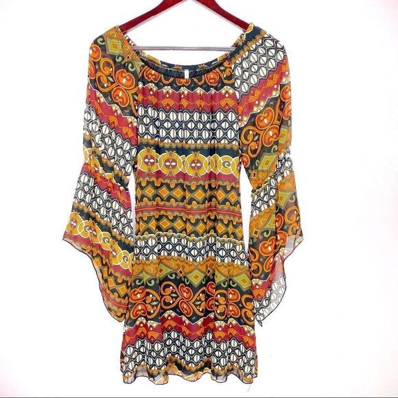 Voll Off The Shoulder Multi Print Shift Dress Split Handkerchief Sleeve Small - Picture 12 of 15